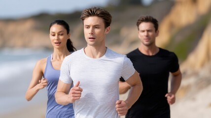 Group of diverse friends running together a scenic beach, enjoying and healthy outdoor lifestyle workout