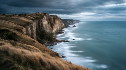Coastal cliffs with long exposure ocean water and dramatic cloudy sky