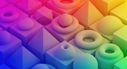 Vibrant 3d geometric shapes in rainbow colors, cubes, spheres, and pyramids arranged in a gradient pattern