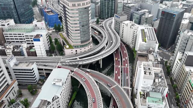 Aerial Flyover Above Edobashi Junction, Tokyo &mdash; Multilayered Urban Highway Interchange