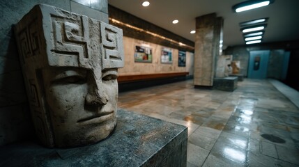 An abstract stone sculpture stands elegantly in a spacious gallery, highlighting the artistry and intricate details of the piece against a modern backdrop that invites reflection.