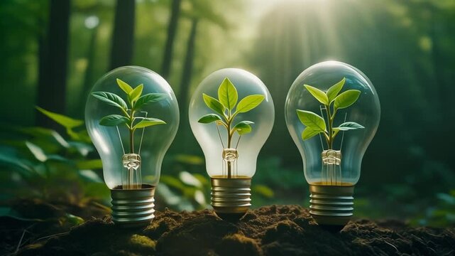 Light bulbs containing vibrant green sprouts signify the bright future of ecological energy.