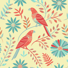 Fototapeta premium Indian motif pattern featuring colorful birds and floral designs on a pastel background