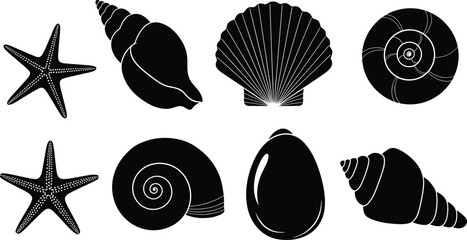 Black seashell silhouettes collection featuring starfish scallop and nautilus shell icons isolated on white background for marine nature summer beach design elements