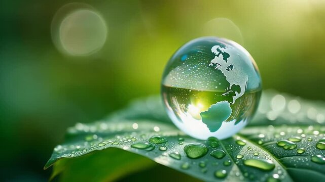 Crystal glass globe resting gently on a vibrant green leaf covered in glistening morning dew drops