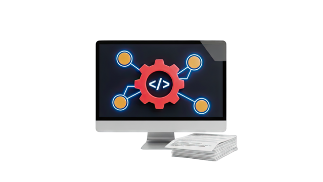 Computer screen displaying coding and network diagram with gear icon - Powered by Adobe