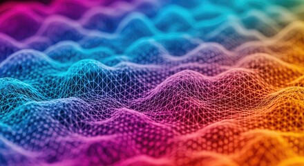 Vibrant multicolored mesh network topology with wavy patterns and nodes, abstract background with gradient colors, futuristic digital landscape with interconnected lines