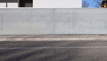 Gray plaster striped fence with white house on behind. Concrete sidewalk and street in front. Background for copy space