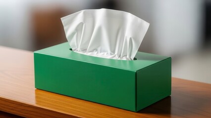 Green tissue box with white paper tissues, ready for use