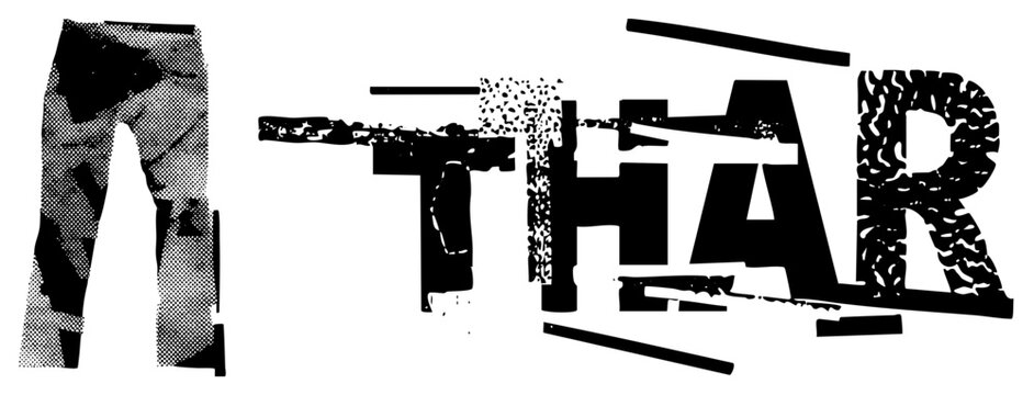 Thar text logo with distressed typography and halftone pants graphic