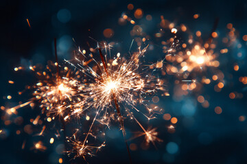 Obraz premium abstract close up of sparklers exploding with light and bokeh against a dark blue background