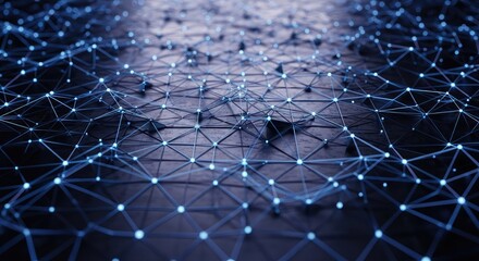 Network connections visualized in a futuristic digital landscape with glowing blue nodes and lines on a dark background