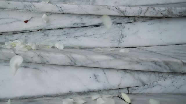 Delicate Descent: White Rose Petals Grace Elegant Marble Staircase in Slow Motion
