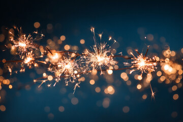 Sparklers ignite on a dark blue background creating a festive and celebratory atmosphere with soft bokeh lights