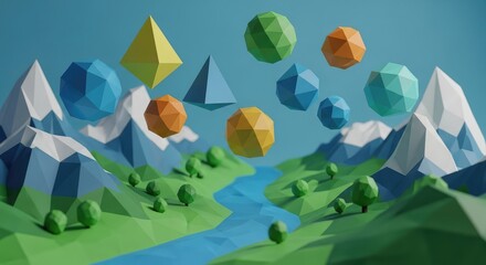 Low poly landscape with colorful geometric shapes floating above mountains and river, green hills and trees, blue sky background