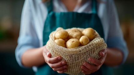A woman is holding a basket of potatoes. The potatoes are in a mesh bag and are of various sizes. The woman is wearing a green apron