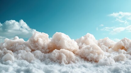 A serene landscape showcasing soft, fluffy clouds juxtaposed against a soothing mound of light brown salt crystals, imparting tranquility and natural beauty to the observer.