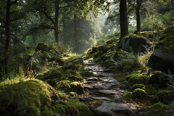 Peaceful woodland path with moss covered forest floor and sunlight filtering through tall trees, creating serene and natural atmosphere in lush green forest