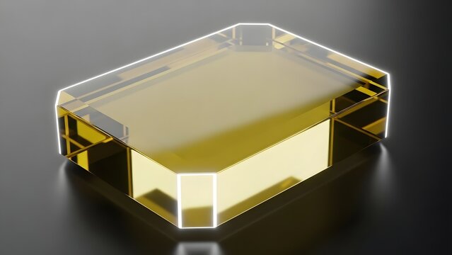 Illuminated golden rectangular prism showcasing transparent material and sharp edges.