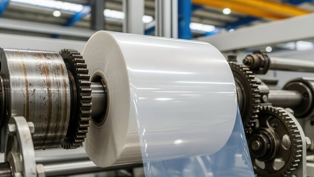 Close-up of clear plastic film roll on industrial machinery with gears