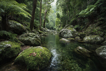 Pristine rainforest creek with emerald green moss covering large rocks and lush ferns surrounding clear water, creating peaceful and refreshing natural scene
