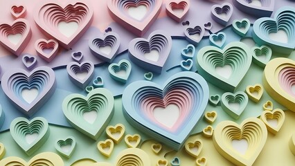 A colorful arrangement of layered paper hearts creating a vibrant and textured wall art display