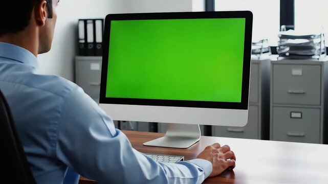 Rear view of a businessman using a computer mouse with a green screen monitor while sitting at a desk in a clean corporate office setting.