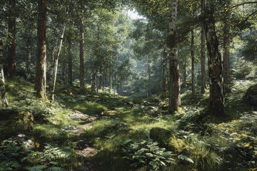 Obraz premium Pristine woodland landscape with dense vegetation and soft daylight filtering through tall trees, creating peaceful and natural forest atmosphere