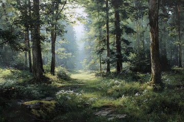 Obraz premium Sunlit forest path with dense green trees and soft daylight filtering through foliage, creating serene and peaceful woodland atmosphere filled with lush vegetation and wildflowers