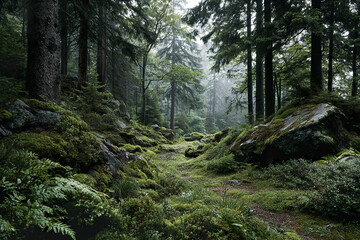 Fototapeta premium Moss forest path green canopy foggy atmosphere with rocks and ferns creating calming and peaceful natural environment in quiet woodland setting