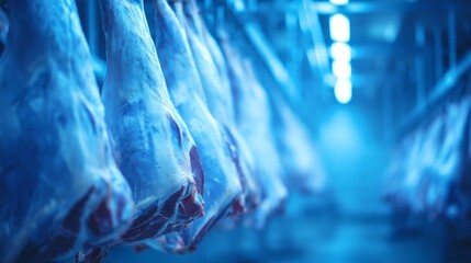 A row of meat hanging from a rack in a cold storage room. The meat is frozen and he is beef