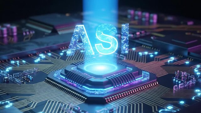 ASI concept, processor chip activating, glowing blue energy forming holographic text, superintelligence computing background.