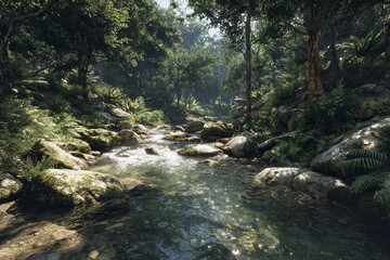 Obraz premium Rainforest freshwater ecosystem with flowing stream surrounded by dense trees and lush green foliage under natural sunlight creating peaceful and vibrant atmosphere