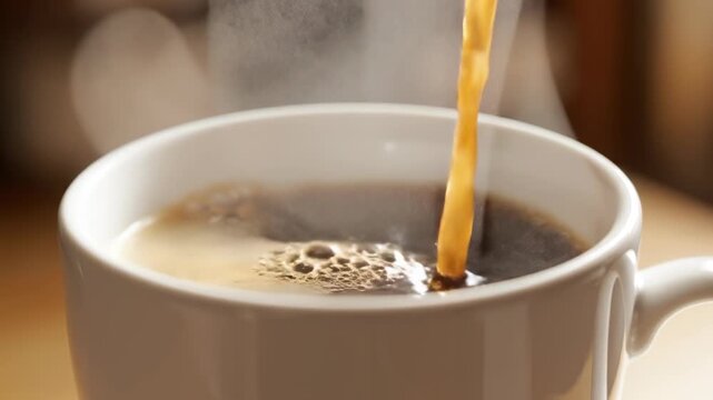 Extremely slow motion close-up shot of steaming hot coffee being poured directly into a pristine white ceramic mug breakfast, detailed, blank