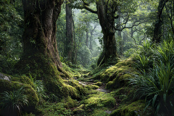 Obraz premium Mossy forest path with large tree trunks and dense green foliage creating serene and mystical atmosphere in lush rainforest landscape