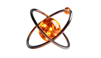 Fiery orb core encircled by orbiting metal loops against a black void