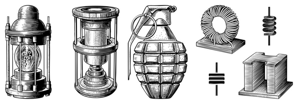 Vintage electrical and military equipment vector set