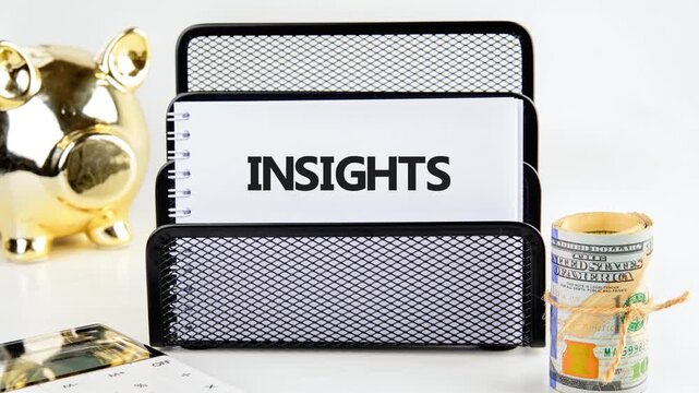 Exploring financial wisdom and prosperous strategies. Watch as the word INSIGHTS transforms on a notepad, accompanied by a Piggy Bank and rolled Money, symbolizing growth