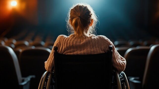 The back view of a woman in a wheelchair gazing at the screen in an atmospheric theater, capturing the essence of anticipation and reflection as she connects with the cinematic experience.
