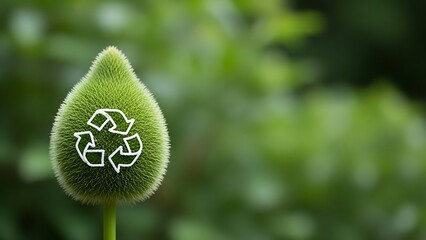 Green recycling symbol in a dewdrop shape on a blurred green natural background, symbolizing environmental conservation and sustainability