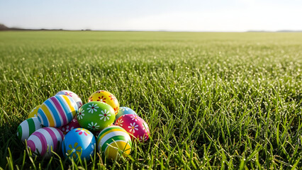 Happy easter sunday celebration with colorful eggs in green grass field