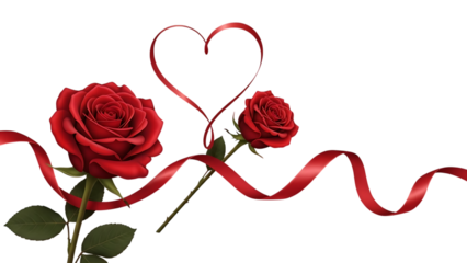 Two red roses with red ribbon isolated on transparent background