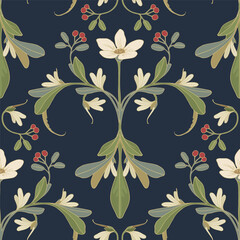 Plant with white flowers and red berries. Symmetrical pattern.