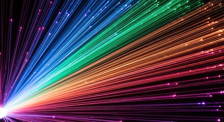Vibrant multicolored light beams radiating from a central point against a dark background, creating a dynamic and futuristic visual effect with streaks of red, orange