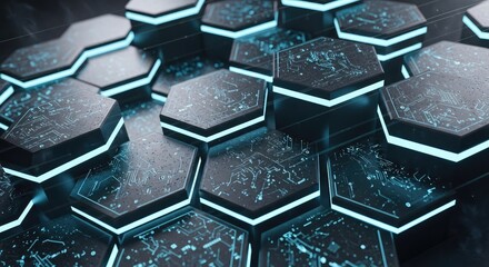 Glowing blue hexagons with circuit board patterns on dark background, futuristic technology concept with neon lights