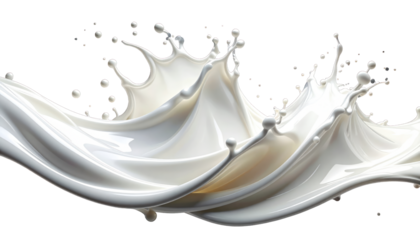 A dynamic, swirling splash of opaque white liquid, with droplets and peaks