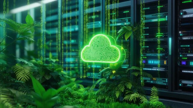 Green glowing cloud icon represents sustainable and eco-friendly data center technology integration.