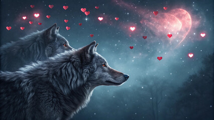 Midnight Valentine Background Inspired by Dark Wolf Fur with Glowing Ruby Heart Constellations
