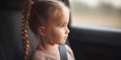 Little girl with pigtail wearing seat belt in car, prioritizing child safety and family travel