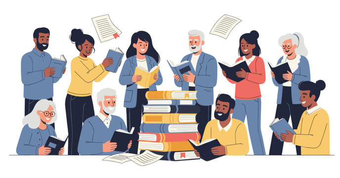 Bookcrossing concept. Happy people exchanging, borrowing and recommending paper books. Group of man and woman reading. Readers swap literature. Flat vector illustration isolated on white background